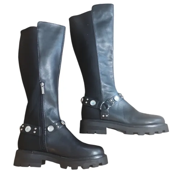 KARL LAGERFELD Rhinestone Embellished Tall Leather/Neoprene Lug Sole Riding Boot