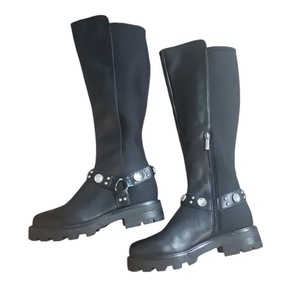KARL LAGERFELD Rhinestone Embellished Tall Leather/Neoprene Lug Sole Riding Boot
