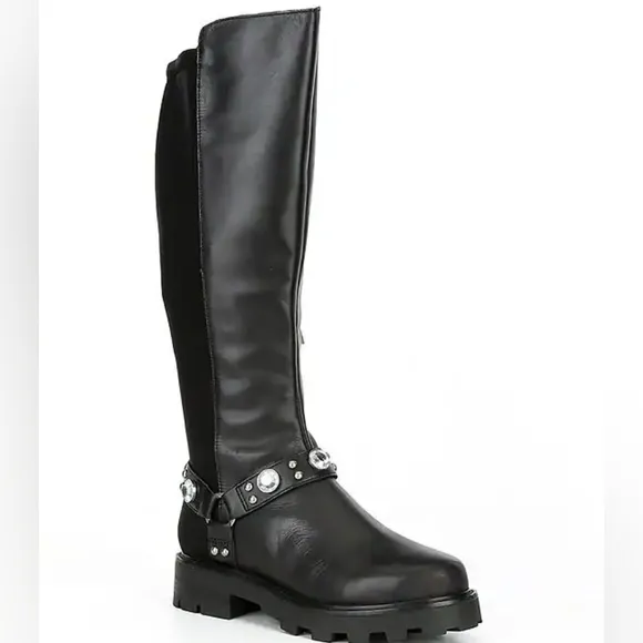 KARL LAGERFELD Rhinestone Embellished Tall Leather/Neoprene Lug Sole Riding Boot