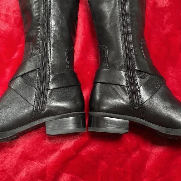 Karl Lagerfeld Tall Black Riding Boots with Double Harness Buckle Strap Detail