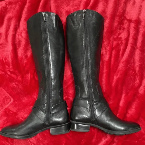 Karl Lagerfeld Tall Black Riding Boots with Double Harness Buckle Strap Detail
