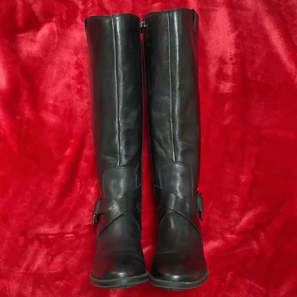 Karl Lagerfeld Tall Black Riding Boots with Double Harness Buckle Strap Detail