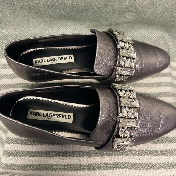 Karl Lagerfield Silver and Crystal Loafers Size 7