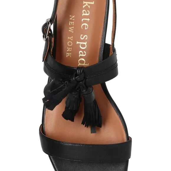 KATE SPADE NEW YORK LA DANSE Black Leather Tassel Flat Ankle Strap Sandals 6.5