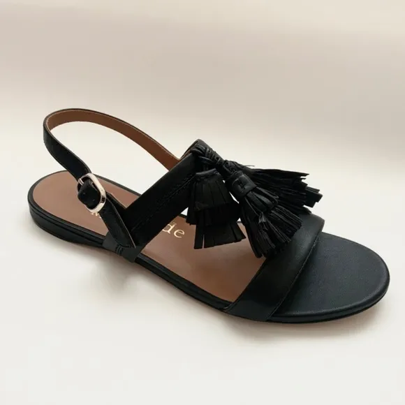 KATE SPADE NEW YORK LA DANSE Black Leather Tassel Flat Ankle Strap Sandals 6.5