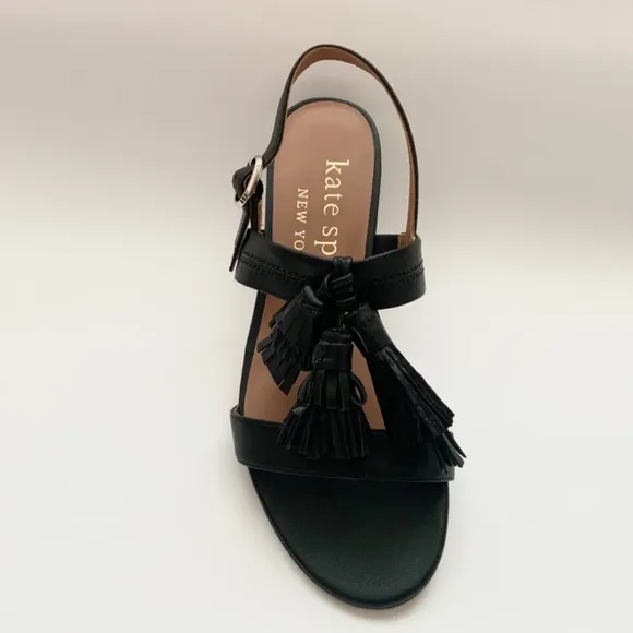 KATE SPADE NEW YORK LA DANSE Black Leather Tassel Flat Ankle Strap Sandals 6.5