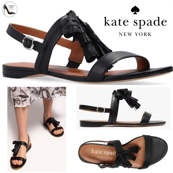 KATE SPADE NEW YORK LA DANSE Black Leather Tassel Flat Ankle Strap Sandals 6.5