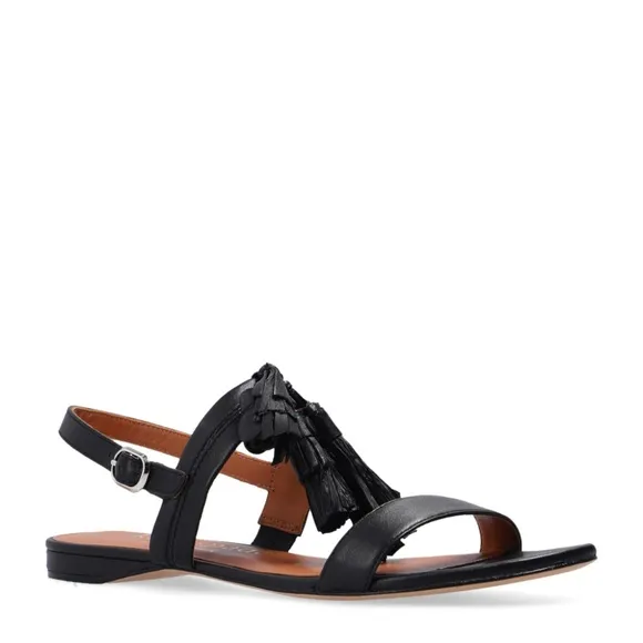 KATE SPADE NEW YORK LA DANSE Black Leather Tassel Flat Ankle Strap Sandals 6.5