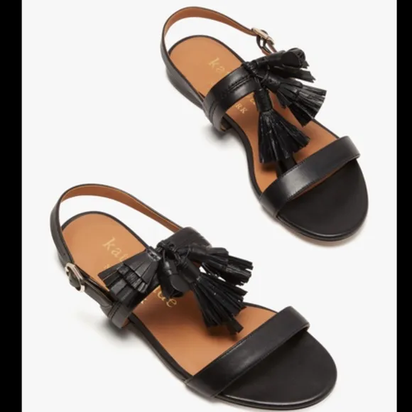 KATE SPADE NEW YORK LA DANSE Black Leather Tassel Flat Ankle Strap Sandals 6.5