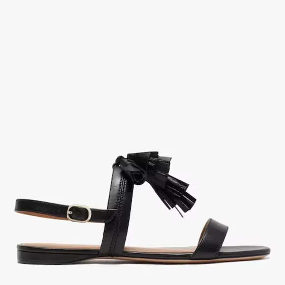KATE SPADE NEW YORK LA DANSE Black Leather Tassel Flat Ankle Strap Sandals 6.5