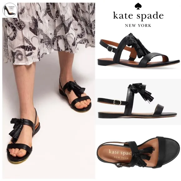 KATE SPADE NEW YORK LA DANSE Black Leather Tassel Flat Ankle Strap Sandals 6.5