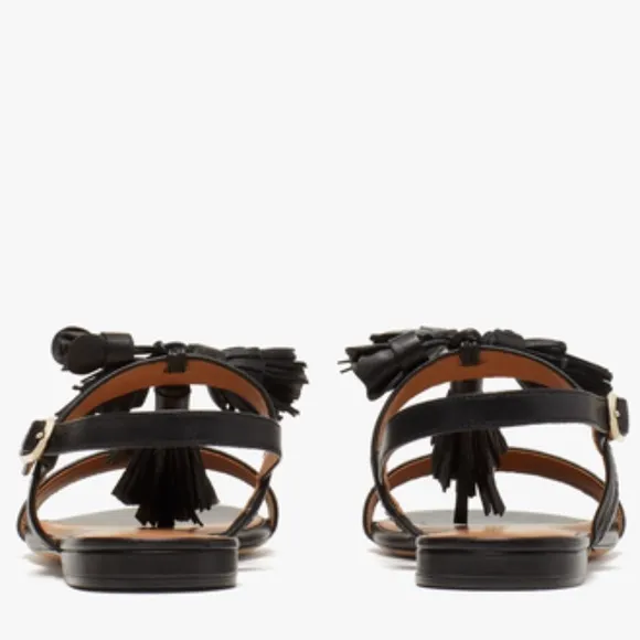 KATE SPADE NEW YORK LA DANSE Black Leather Tassel Flat Ankle Strap Sandals 6.5