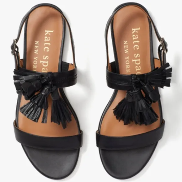 KATE SPADE NEW YORK LA DANSE Black Leather Tassel Flat Ankle Strap Sandals 6.5