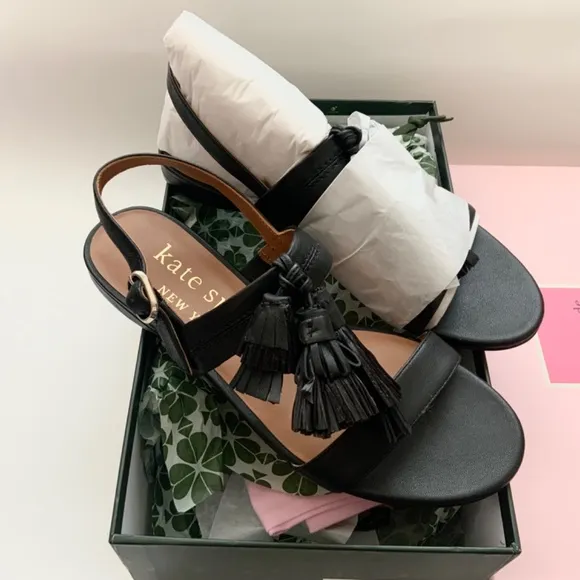 KATE SPADE NEW YORK LA DANSE Black Leather Tassel Flat Ankle Strap Sandals 6.5