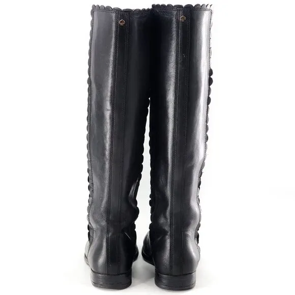 KATE SPADE Rayna Black Leather Knee-High Riding Boots Scallop Detail