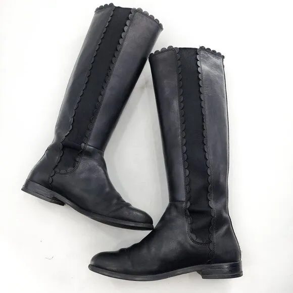 KATE SPADE Rayna Black Leather Knee-High Riding Boots Scallop Detail