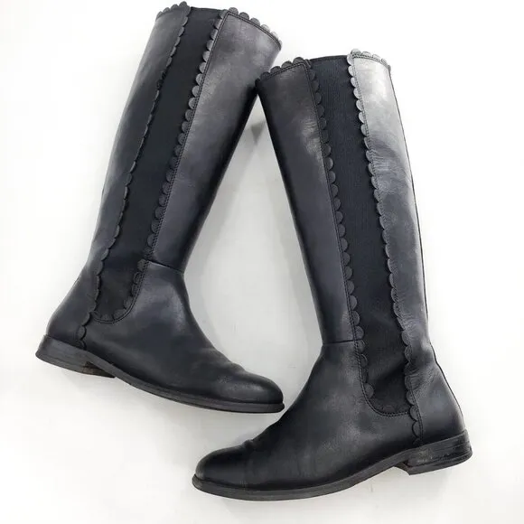 KATE SPADE Rayna Black Leather Knee-High Riding Boots Scallop Detail