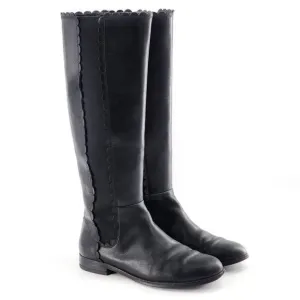 KATE SPADE Rayna Black Leather Knee-High Riding Boots Scallop Detail