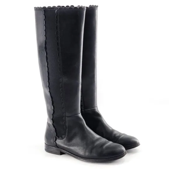 KATE SPADE Rayna Black Leather Knee-High Riding Boots Scallop Detail