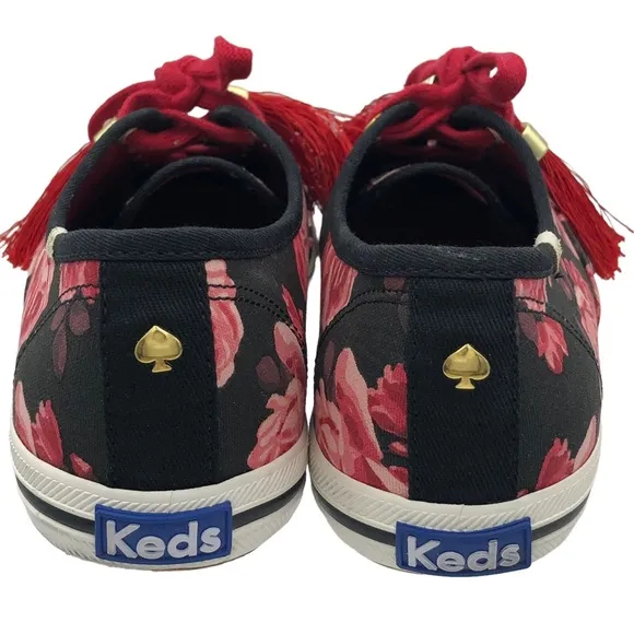 Kate Spade x Keds Sneakers Black Red Floral Rose Canvas Lace Up Tassel Women 6