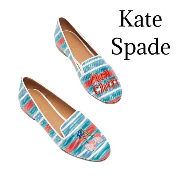 KATE SPADE Lounge Cherries StripedRaffia Loafers Sz 7.5 GUC