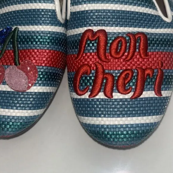 KATE SPADE Lounge Cherries StripedRaffia Loafers Sz 7.5 GUC