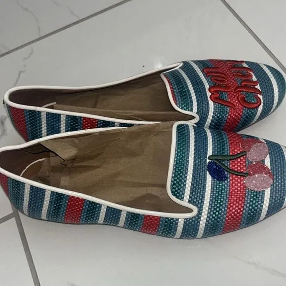 KATE SPADE Lounge Cherries StripedRaffia Loafers Sz 7.5 GUC