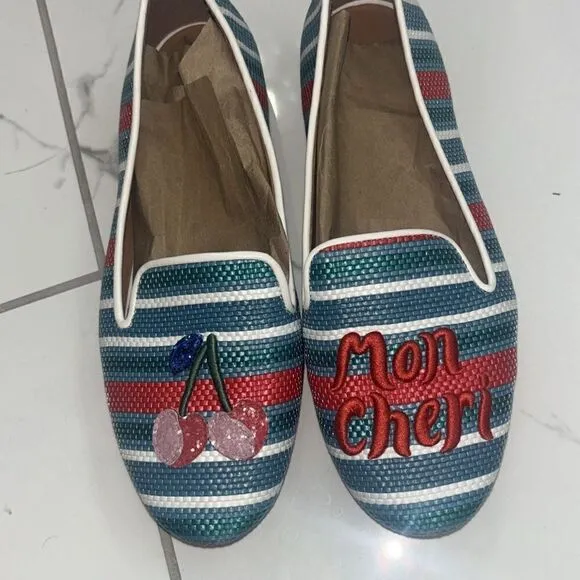 KATE SPADE Lounge Cherries StripedRaffia Loafers Sz 7.5 GUC