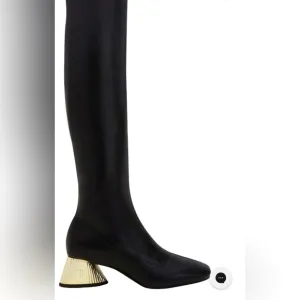 Katy Perry Clarra clara black gold heel over the knee OTK stretch boots boot NEW