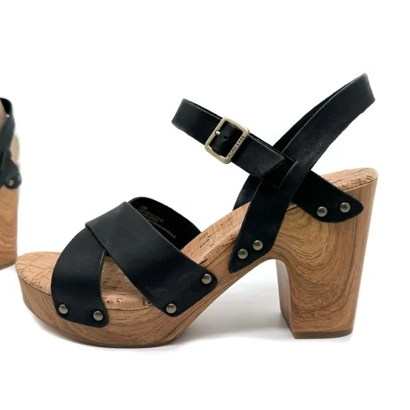 Kork-Ease Drew Leather Cross Banded Platform Sandals Black Size 10