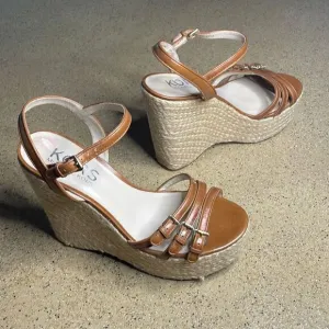 KORS Cognac Leather Jute Wrapped Platform Wedge Sandals 10