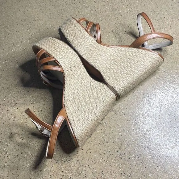 KORS Cognac Leather Jute Wrapped Platform Wedge Sandals 10