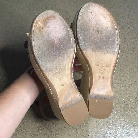 KORS Cognac Leather Jute Wrapped Platform Wedge Sandals 10