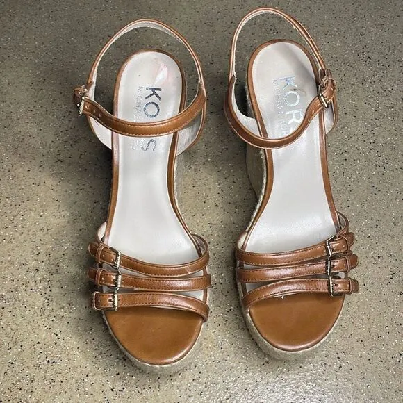 KORS Cognac Leather Jute Wrapped Platform Wedge Sandals 10