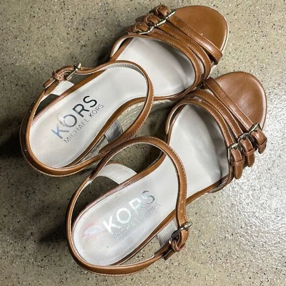 KORS Cognac Leather Jute Wrapped Platform Wedge Sandals 10