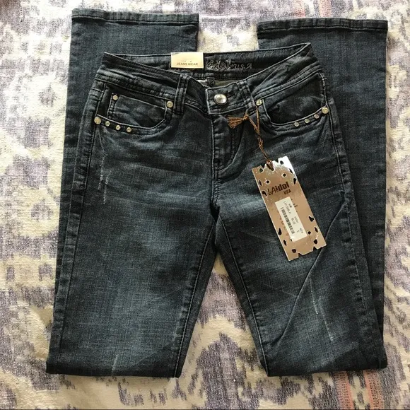 L A IDOL DENIM JEANS WITH RHINESTONES &amp; SEQUINS