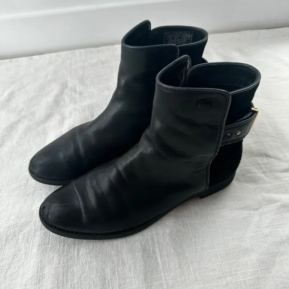 Lacoste Rosemont Leather Chelsea Ankle Boots with Buckle Detail - Women's Size 9