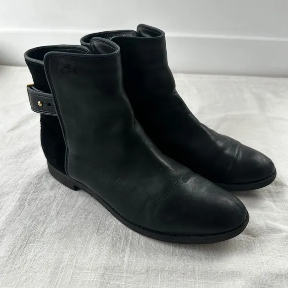 Lacoste Rosemont Leather Chelsea Ankle Boots with Buckle Detail - Women's Size 9
