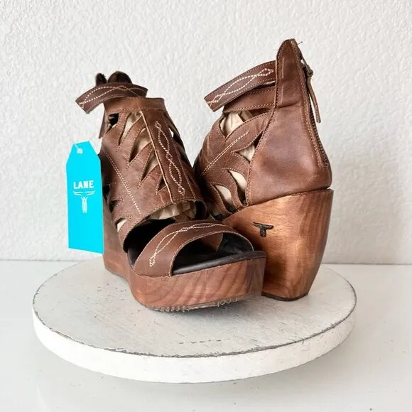 Lane Boots BECCA Womens Brown Wedges 10 Western Style Sandals Cowgirl Leather