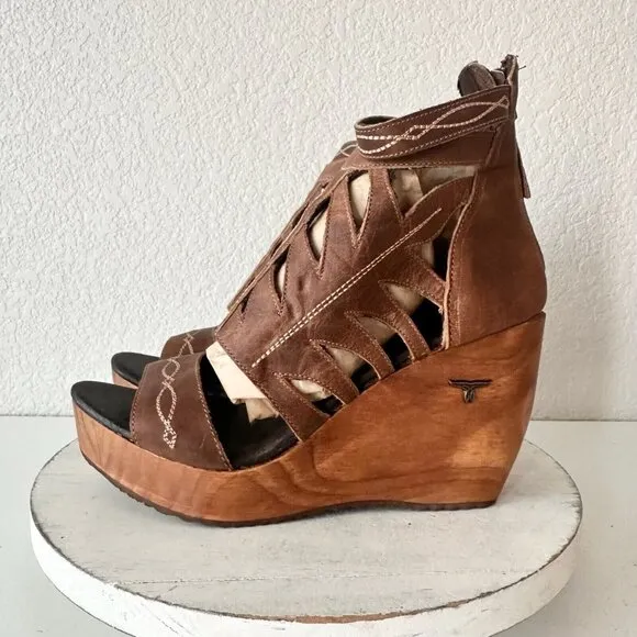 Lane Boots BECCA Womens Brown Wedges 10 Western Style Sandals Cowgirl Leather
