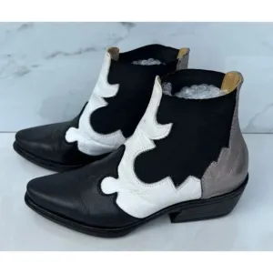 Lapopie Womens Pointed Toe Leather Ankle Bootie Boots Black White Sz 37