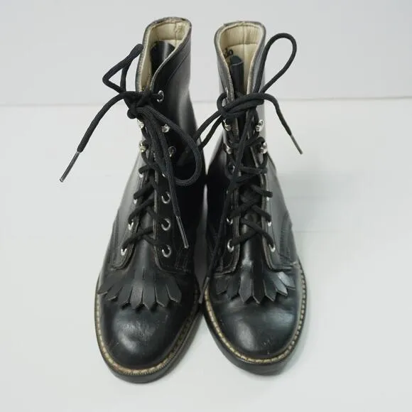 Laredo Western Black Leather Lace Up Boots Girls 10.5 Rodeo Kiltie Riding Roper