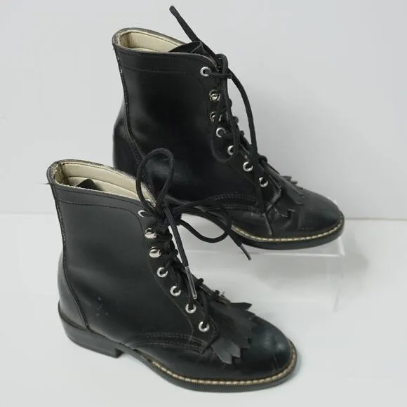 Laredo Western Black Leather Lace Up Boots Girls 10.5 Rodeo Kiltie Riding Roper