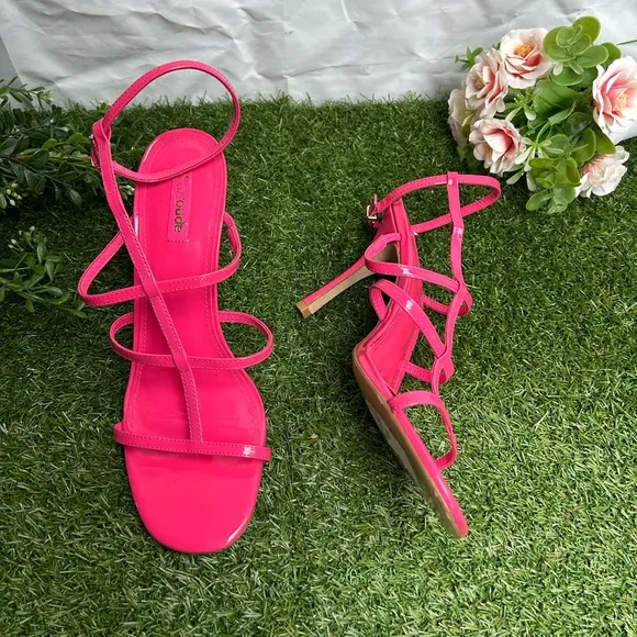 LARROUDÉ Serena Patent-LeatherStrappy Sandals Pink 4” women size 10 new
