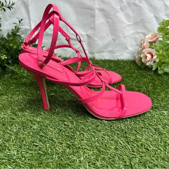 LARROUDÉ Serena Patent-LeatherStrappy Sandals Pink 4” women size 10 new