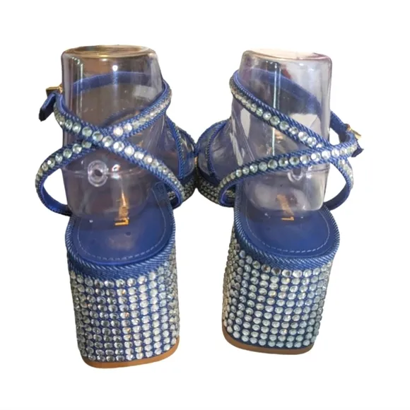 Larroude Gio Embellished Ankle Sandal in Blue/ Crystal Sandals..Size 9.5