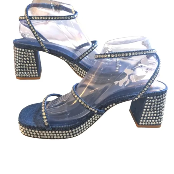 Larroude Gio Embellished Ankle Sandal in Blue/ Crystal Sandals..Size 9.5