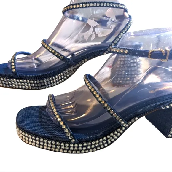 Larroude Gio Embellished Ankle Sandal in Blue/ Crystal Sandals..Size 9.5