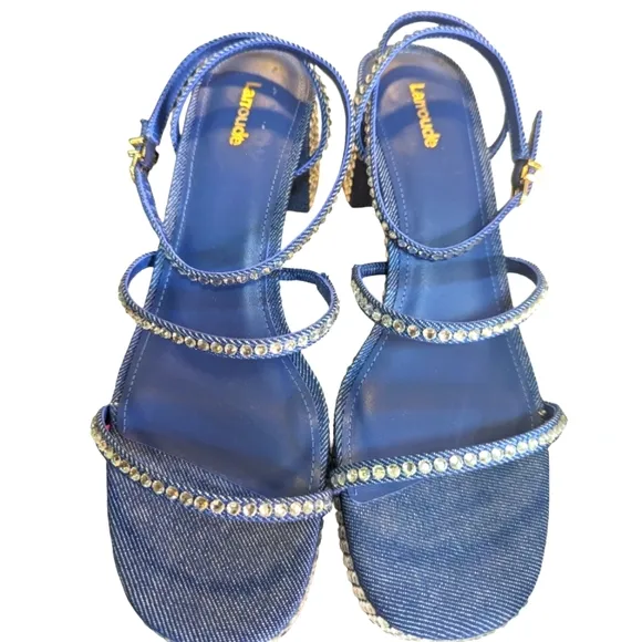 Larroude Gio Embellished Ankle Sandal in Blue/ Crystal Sandals..Size 9.5