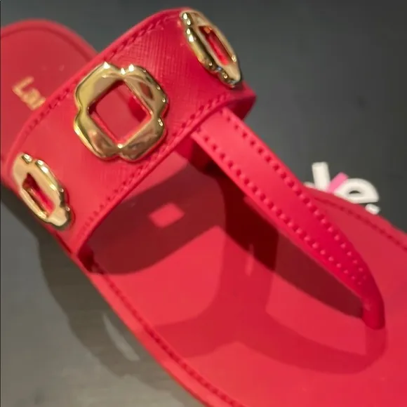Larroude Red and Gold Sandals with Bold Embellishments Milan Jelly Thong 6/7 NEW